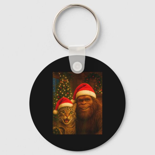 Funny Cat Selfie With Bigfoot Christmas Sasquatch  Sleutelhanger (Voorkant)