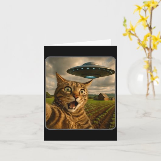 Funny Cat Selfie With Ufo Alien Meme Kaart (Gele Bloem)