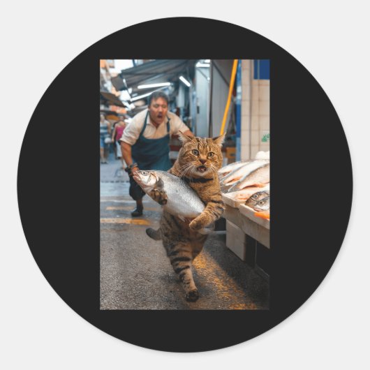 Funny Cat Stealing Fi-shirt Ronde Sticker (Voorkant)