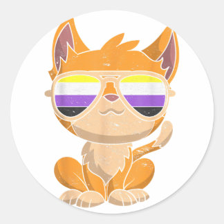 Funny Cat Sunglazen Non Binary Flag LGBT Pride No Ronde Sticker