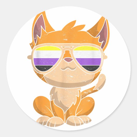 Funny Cat Sunglazen Non Binary Flag LGBT Pride No Ronde Sticker (Voorkant)