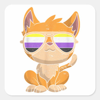 Funny Cat Sunglazen Non Binary Flag LGBT Pride No Vierkante Sticker