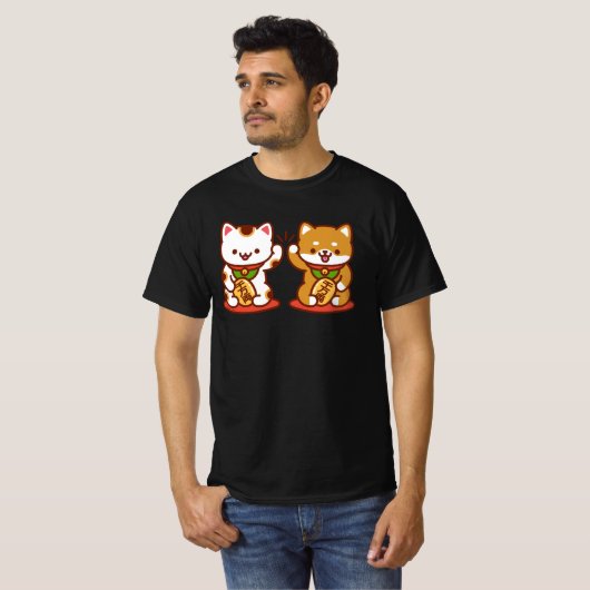 Funny Cat T-Shirt - Maneki-neko High Five (Voorkant volledig)