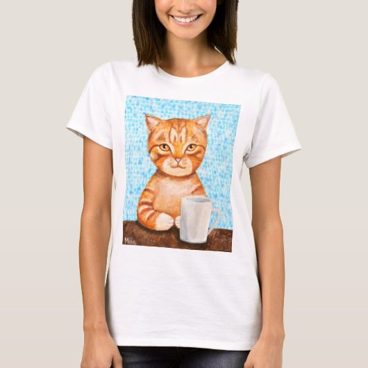 Funny Cat T-shirt Oranje Tabby Cat Drink koffie (Voorkant)