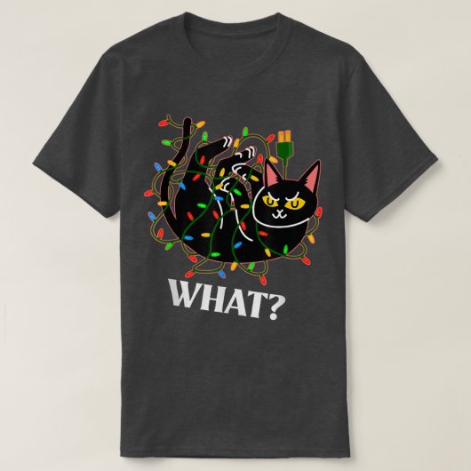 Funny Cat Tangled in kerstboomverlichting zegt WH T-shirt (Design voorkant)
