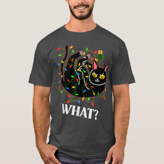 Funny Cat Tangled in kerstboomverlichting zegt WH T-shirt