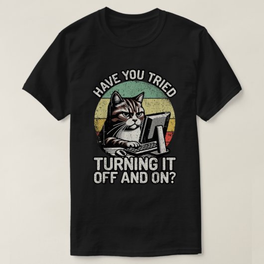 Funny Cat Tech Support Retro Computer Meme T-shirt (Design voorkant)