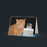 Funny cat-verjaardag kaart<br><div class="desc">oranje tafelkat met zijn tong uit een opblaasende gekaarte verjaardagstaart</div>