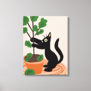 Funny Cat Vijgenboom Potplanten Handgetekend Canvas Afdruk