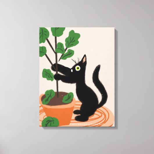 Funny Cat Vijgenboom Potplanten Handgetekend Canvas Afdruk (Voorkant)
