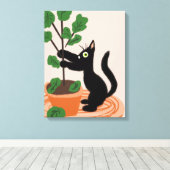 Funny Cat Vijgenboom Potplanten Handgetekend Canvas Afdruk (Insitu (Houten vloer))