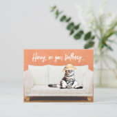 Funny Cat Wearing a Sun Pet on a Couch Birthday Briefkaart (Staand voorkant)