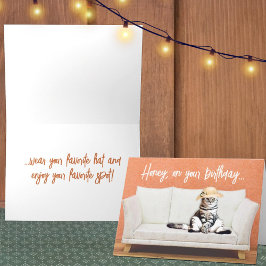 Funny Cat Wearing a Sun Pet on a Couch Birthday Kaart