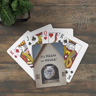 Funny Cat Wearing Glasses It's Meow or Nooit Quote Pokerkaarten