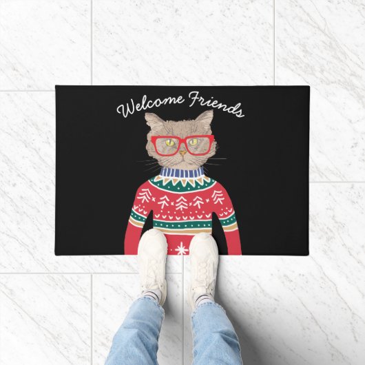 Funny Cat Wearing Glasses, Ugly KerstSweater Deurmat (Binnen)