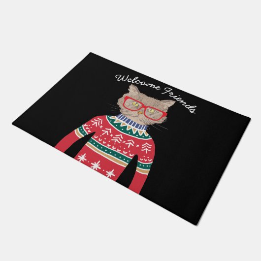 Funny Cat Wearing Glasses, Ugly KerstSweater Deurmat (Schuin)