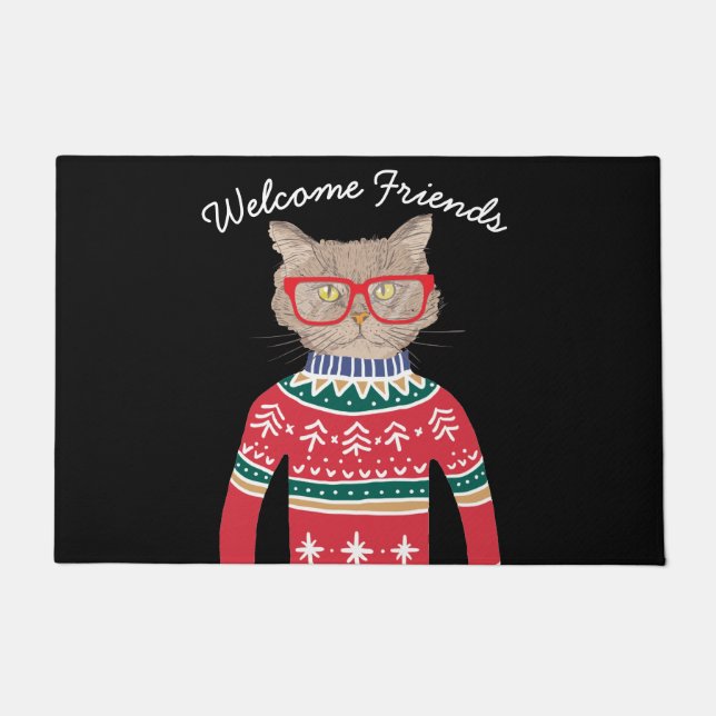 Funny Cat Wearing Glasses, Ugly KerstSweater Deurmat (Voorkant)