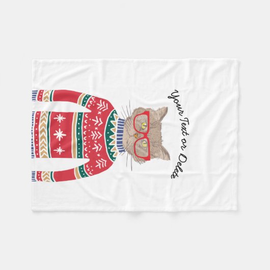 Funny Cat Wearing Glasses, Ugly KerstSweater Fleece Deken (Voorkant (Horizontaal))