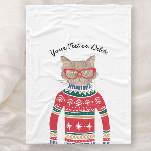 Funny Cat Wearing Glasses, Ugly KerstSweater Fleece Deken