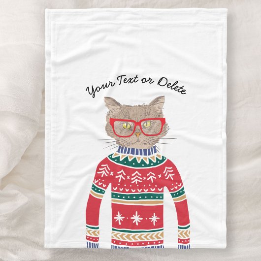 Funny Cat Wearing Glasses, Ugly KerstSweater Fleece Deken