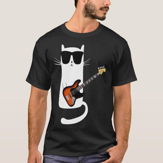Funny Cat Wearing Sunbril Bass Guitar T T-shirt (Voorkant)