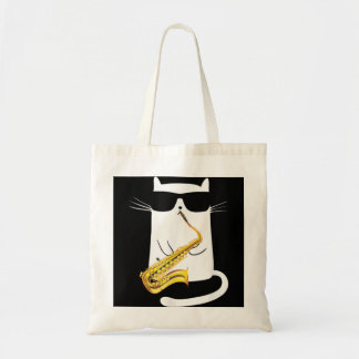 Funny Cat Wearing Sunbril die Saxophone speelt Tote Bag