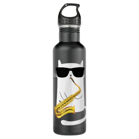 Funny Cat Wearing Sunbril die Saxophone speelt Waterfles (Voorkant)