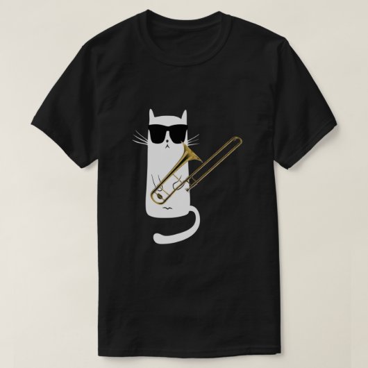 Funny Cat Wearing Sunbril die Trombone speelt T-shirt (Design voorkant)