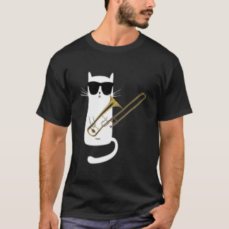 Funny Cat Wearing Sunbril die Trombone speelt T-shirt