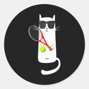 Funny Cat Wearing Sunglasses Playing Tennis Sport Ronde Sticker