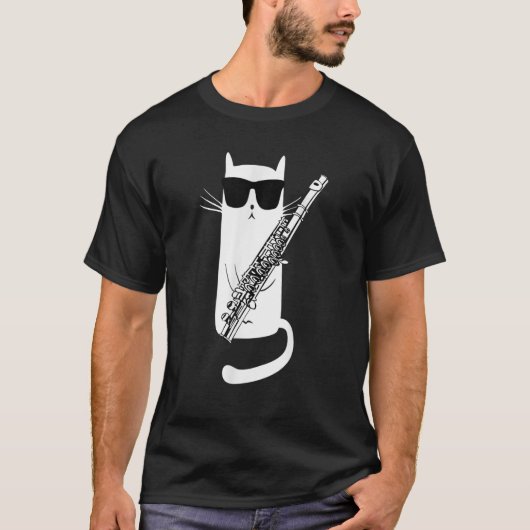 Funny Cat Wearing Sunglazen die Flute Musicia spel T-shirt (Voorkant)