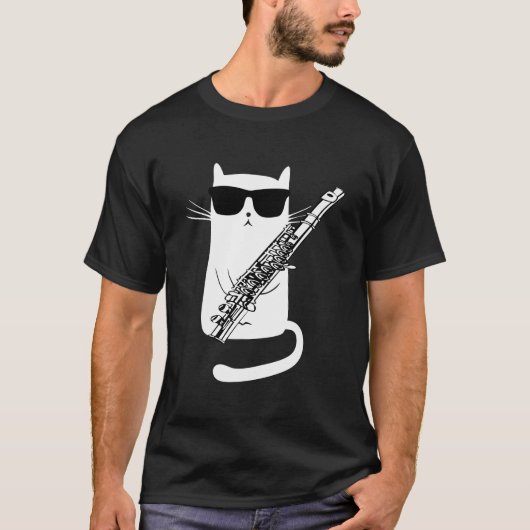 Funny Cat Wearing Sunglazen die flute spelen T-shirt (Voorkant)