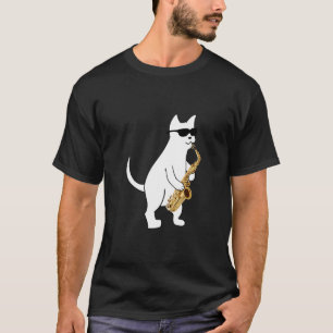 Funny Cat Wearing Sunglazen die Saxophone T-S spel T-shirt