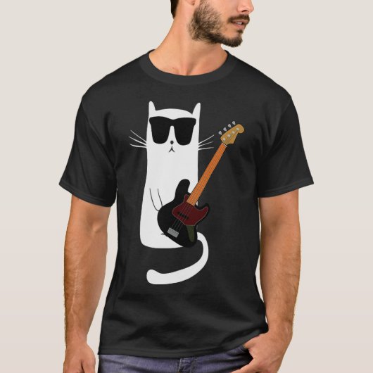 Funny Cat Wearing Sungles Playing B Guitar Men Wom T-shirt (Voorkant)