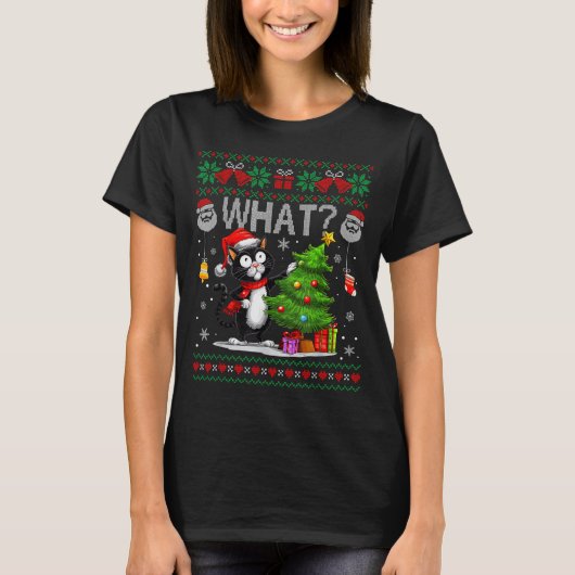 Funny Cat What Black Cat Christmas Tree Ugly Xmas  T-shirt (Voorkant)