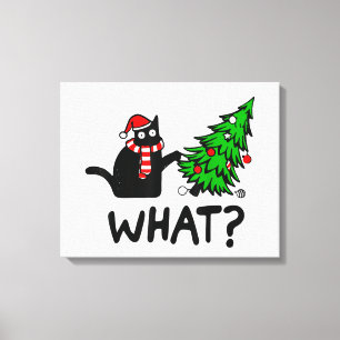 Funny Cat What Black Cat Pushing Kerstboom T- Canvas Afdruk