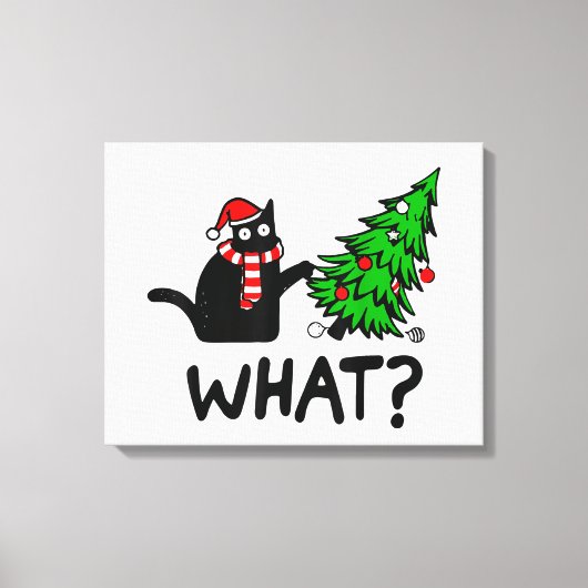 Funny Cat What Black Cat Pushing Kerstboom T- Canvas Afdruk (Voorkant)