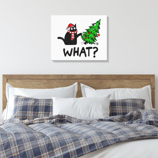 Funny Cat What Black Cat Pushing Kerstboom T- Canvas Afdruk (Insitu (Slaapkamer))