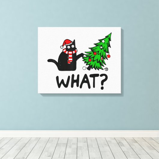 Funny Cat What Black Cat Pushing Kerstboom T- Canvas Afdruk (Insitu (Houten vloer))