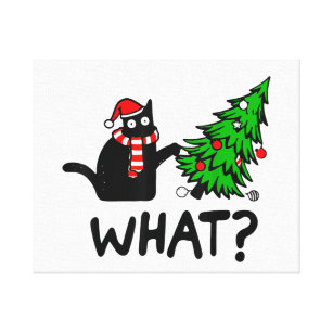 Funny Cat What Black Cat Pushing Kerstboom T- Canvas Afdruk