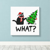 Funny Cat What Black Cat Pushing Kerstboom T- Canvas Afdruk (Insitu (Houten vloer))