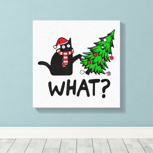 Funny Cat What Black Cat Pushing Kerstboom T- Canvas Afdruk (Insitu (Houten vloer))
