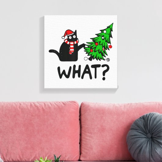 Funny Cat What Black Cat Pushing Kerstboom T- Canvas Afdruk (Insitu (Woonkamer))
