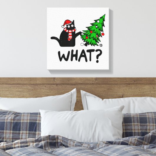 Funny Cat What Black Cat Pushing Kerstboom T- Canvas Afdruk (Insitu (Slaapkamer))