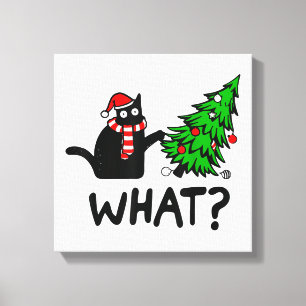 Funny Cat What Black Cat Pushing Kerstboom T- Canvas Afdruk