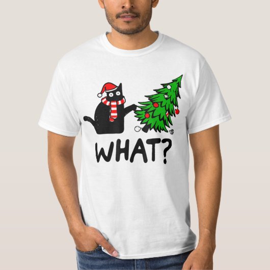 Funny Cat What Black Cat Pushing Kerstboom T- T-shirt (Voorkant)
