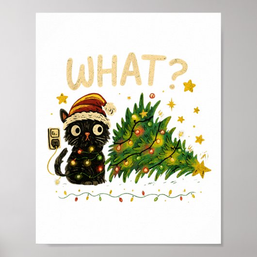 Funny Cat With Christmas Lights And Fallen Tree Ar Poster (Voorkant)