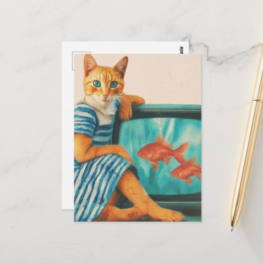 Funny Cat With Goldfish Retro Collage Briefkaart (Voorkant / Achterkant in situ)