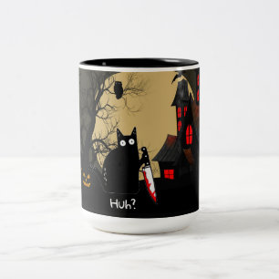 Funny Cat With Knife Custom Text Halloween Mug Tweekleurige Koffiemok