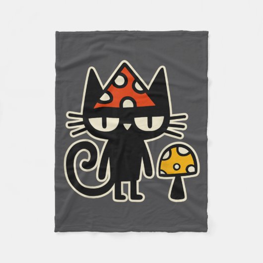 Funny Cat With Mushroom Hat Black Cat With Toadsto Fleece Deken (Voorkant)